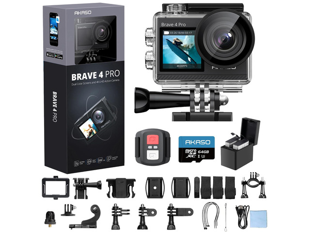 Brave 4 Pro 4K30 Action Camera with 64GB MicroSD U3 Card, 131FT Underwater Waterproof Camera EIS Touch Screen Remote Control with 2x1350mAh...