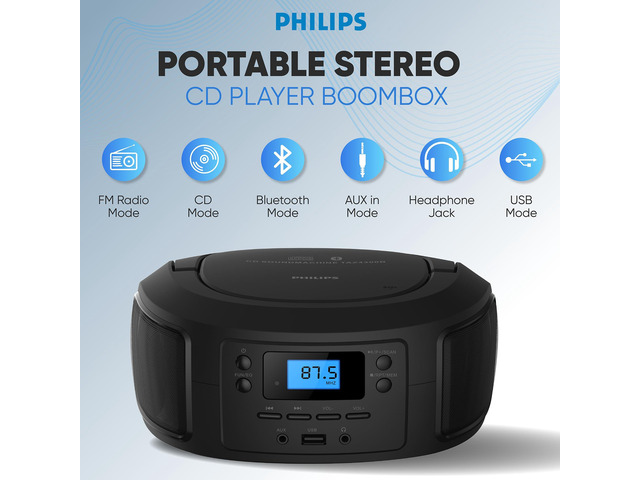 CD Player Portable with Bluetooth, Crystal Clear Sound Top Loading CD Boombox with FM Radio, USB Port & Aux Input, Compact & Lightweight...