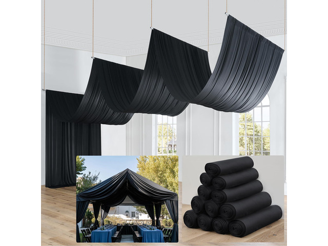 50ft×40ft Black Ceiling Drapes for Weddings Parties,10 Panels 5×40ft Long Ceiling Curtain for Tent Canopy,Wrinkle Free Silk Easy to Draping & Hang...