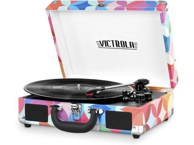 Journey Bluetooth Portable Suitcase Record Player with Built-in Speakers, 3 Speed Vinyl Record Player, RCA Out, Headphone Jack (GEO)