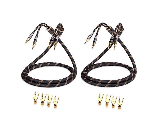 A Pair Audiophile Speaker Cable,Convertible Banana Spade Gold Plated Connector,Nylon Braid,HiFi Quality Cable(9.8ft/3M,2 Cables for 2 Speakers)