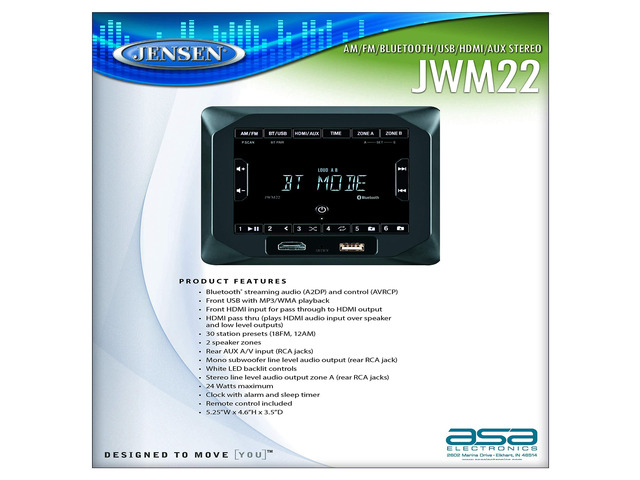 JWM22 2-Speaker Zones AM/FM BT HDMI AUX Cube Wall Mount Stereo, Speaker Output 4X 6 Watt, 30 Station Presets (18FM/12AM), Receives Bluetooth Audio...