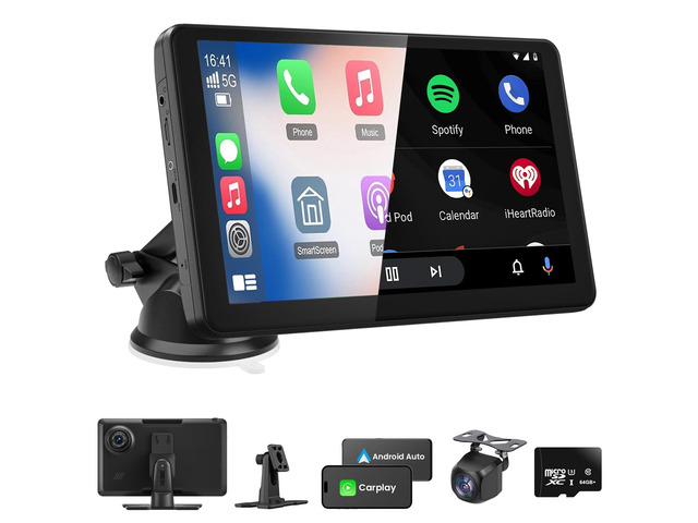 Wireless Portable Carplay Screen with 4K Dash Cam, 9' HD Touch Screen with A-pple Carplay & Android Auto Car Stereo, with 1080p Backup Camera, GPS...