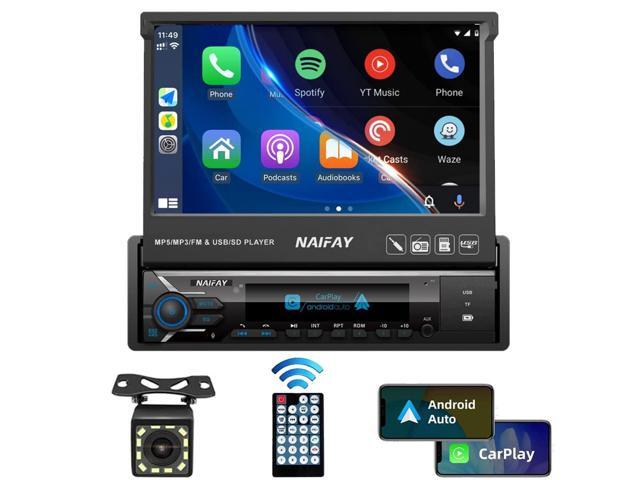 Single Din Touchscreen Car Stereo with Carplay & Android Auto, 7inch Flip Out Screen Car Stereo with Bluetooth Car Audio Receivers, Backup Camera,.