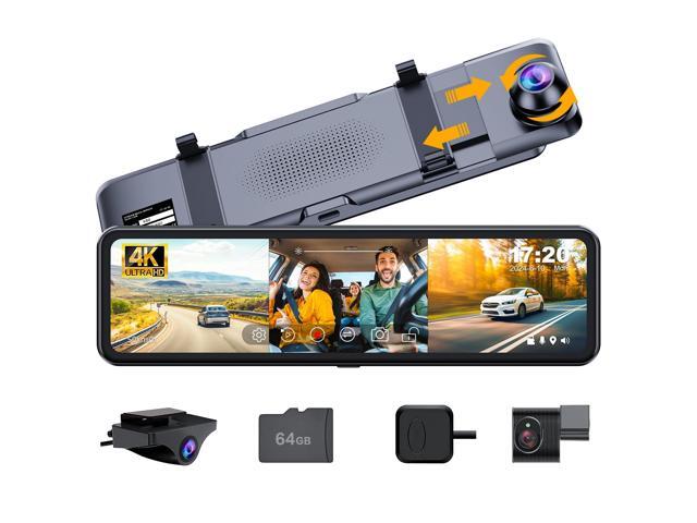 3 Channel Mirror Dash Cam with Front 4K, in-Cabin & Rear 1080P Cameras, Enhanced Night Vision, G-Sensor & Parking Monitor, 64GB Card Included,...