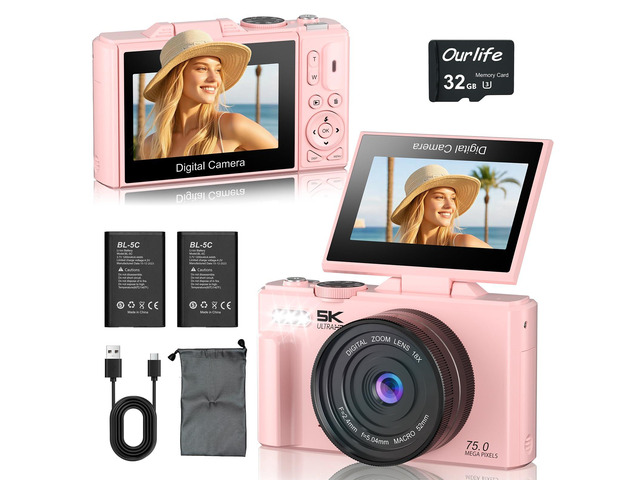 Cameras for Photography,5K 75MP Autofocus Vlogging Camera for YouTube with 18X Zoom,3' 180°Flip Screen Selfie Digital Camera Compact Travel Camera...