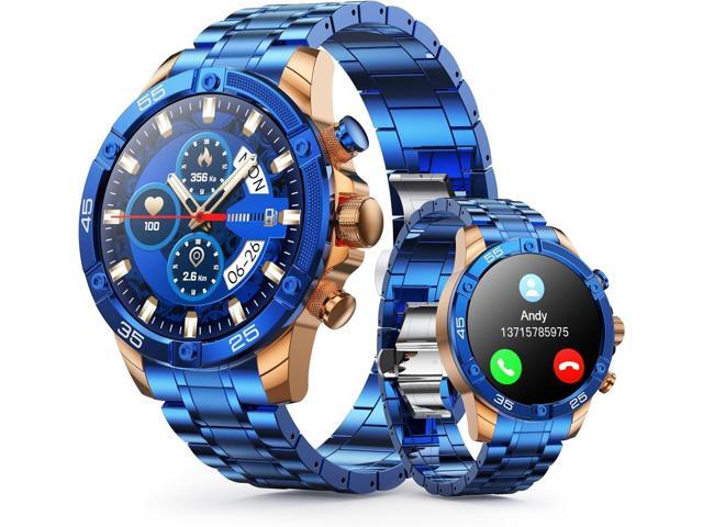Men's Smart Watch Round HD 1.53' Gold Blue Smart Watches for Men, Multiple Sports Modes, Bluetooth Voice Call. Available for iOS and Android (Blue.