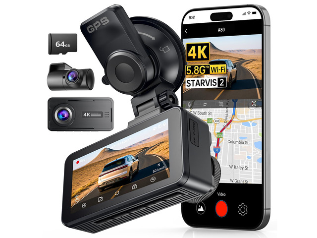 Dash Cam Front and Rear, 4K FHD Dual Dash Camera for Cars Built-in 5G WiFi GPS, 64GB Card Included, Car Camera with 3' IPS Touch Screen, UHD 2160P...