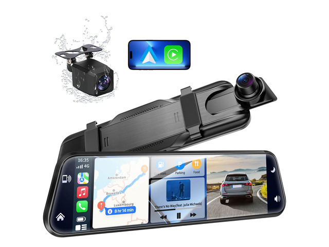 2.5K Mirror Dash Cam with Carplay & Android Auto,10' Rear View Mirror Camera for Cars/Trucks with Voice Control/ 64GB Card/Touch Screen/Parking...