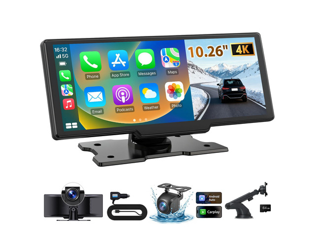 10.26' Wireless CarPlay Screen for Car: 4K Dash Cam & 1080P Backup Camera, Portable Touchscreen Car Stereo for Apple Carplay & Android Auto, GPS...
