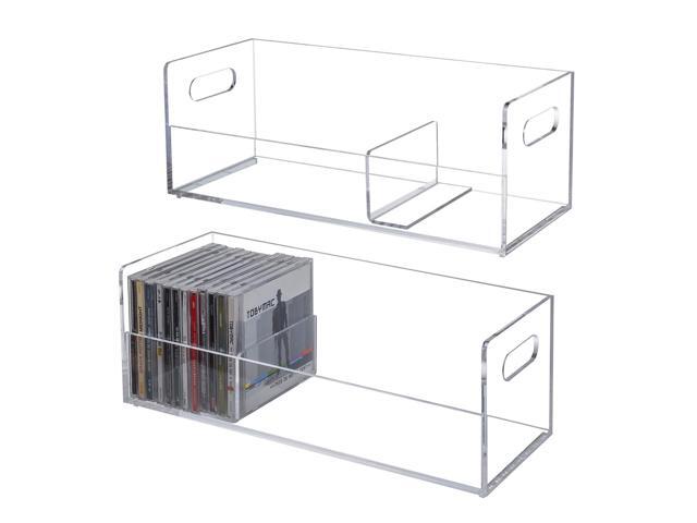 2 Pcs Clear Acrylic CD Holder Racks, Stackable CD Storage Box, Music Disc DVD Display Cases, Modern Media Cassette Organizers with Cutout Carrying.