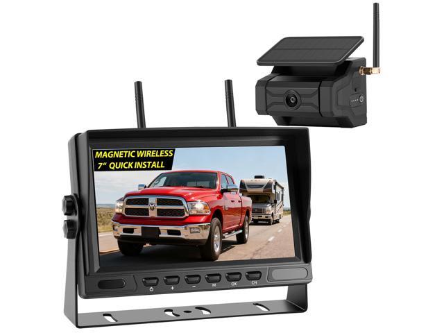Magnetic Solar Wireless Backup Camera for Trailer: No Wiring Quick Install 7' HD 2-Split Monitor Rechargeable Battery IP68 Rearview Camera System.