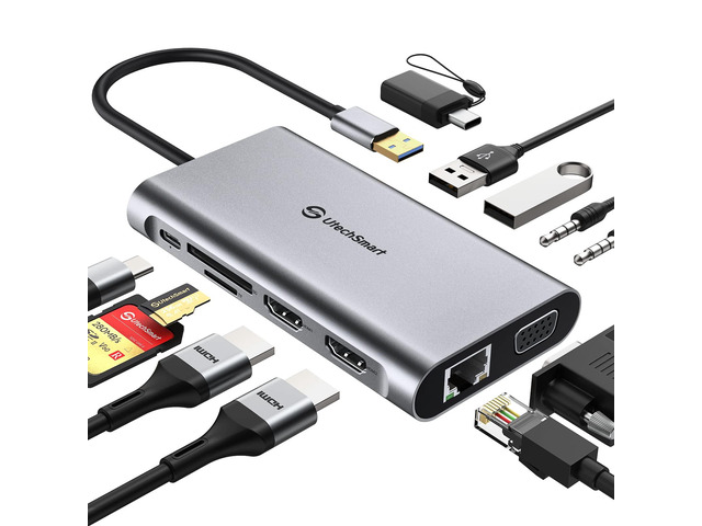 USB Docking Station, 11 IN 1 USB C Dock Triple Display, USB 3.0 Laptop Docking Station with Dual HDMI, VGA, PD, Ethernet, SD/TF, USB 3.0,...