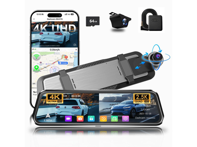Mirror Dash Cam 4K Front and 2.5K Rear, IMX415 Rearview Mirror Camera for Cars, 5.8GHz WiFi, WDR, G-Sensor, Night Vision, Reverse Assist, Included...