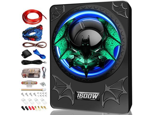 1600W Car Subwoofer, 10' Ultra-Thin Powered Under-Seat Subs with Built-in Amplifier, (LPF/Gain/Bass Boost) LED Ambient Lights, Independent Bass.