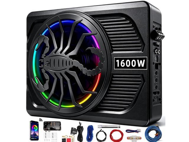 Upgrade1600W Under Seat Subwoofer 10' Slim Car Sub with Built-in Amp, RGB LED Lights, APP Control Independent Bass Knob, LPF, Gain, Bass Boost...