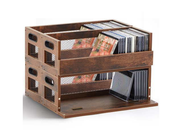 4 Set Retro CD Storage Box - Father's Gift for Dad, Metal & Wood Holder Shelf with Handles, Cassette & DVD Organizer, Holds up to 36 CDs & Movie...