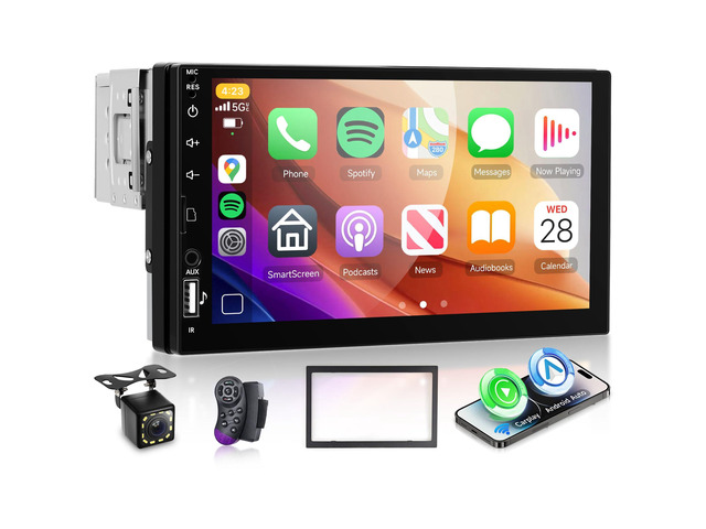 Single Din Car Stereo with Wireless Carplay Android Auto, 7 Inch Touch Screen Car Stereo 1 Din with Backup Camera Car Radio Support Mirror Link...