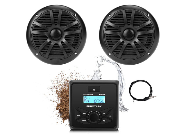 Marine Stereo Audio System with Marine Speakers and Gauge Receiver Package, IPX6 Weatherproof Bluetooth Audio Receiver and AM FM Radio Receiver,...