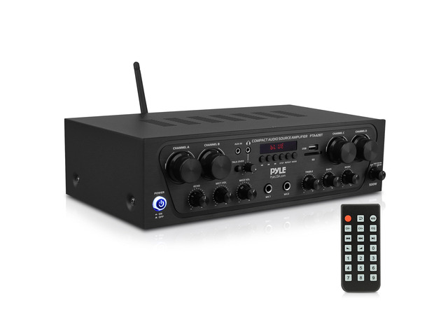 PTA42BT Wireless Karaoke Bluetooth Stereo Receiver - 4 Channel Power Amplifier w/USB,2 Microphone Input w/ Echo,Talkover for PA Great for Home...