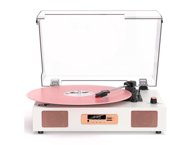 Vinyl Record Player with Built-in Stereo Speakers, 3-Speed Belt-Drive Turntable for Vinyl Records with USB, LED Display White & Rose Gold