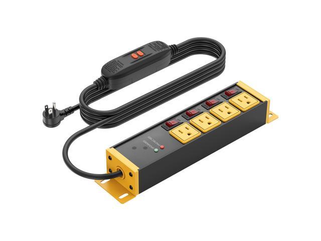 Heavy Duty Surge Protector Power Strip 20 Amp Individual Switches. Industrial GFCI Multiple Outlets Extender 12 Gauge 15 FT Extension Cord. Yellow.