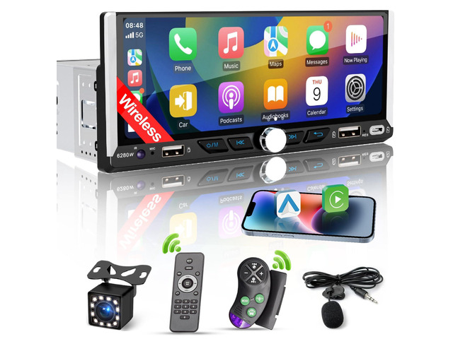 Single Din Car Radio Compatible with Wireless Apple CarPlay, Car Stereo with 6.9'' IPS Touchscreen,Bluetooth,FM AM Radio,GPS Navigation,Type-C/Dual...