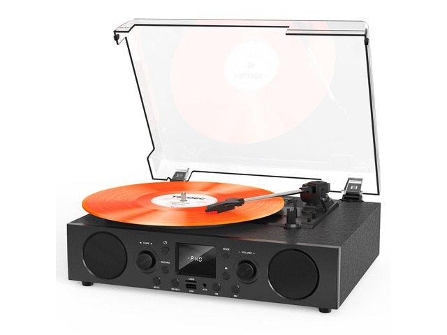 Record Player with Built-in Speakers, 3-Speed Belt-Drive Turntable, Bluetooth Receiver & FM Radio, USB Recording, RCA Line Out, AUX-in & Auto-Stop,...