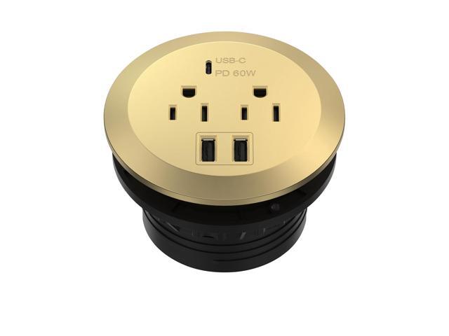 GaN Desk Grommet with 65W PD for MacBook, Desktop Power Grommet with 1 Fast Charging USB-C Port, 2 USB-A Ports and Duplex Receptacles,.