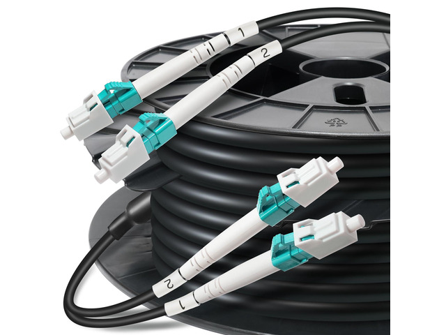 300 ft All-Dielectric (5.8mm) Aerial/Direct Burial Outdoor Multimode Duplex OM3 LC Fiber Cable, Double Sheath+2 FRP Strength Fiber Optic Patch...