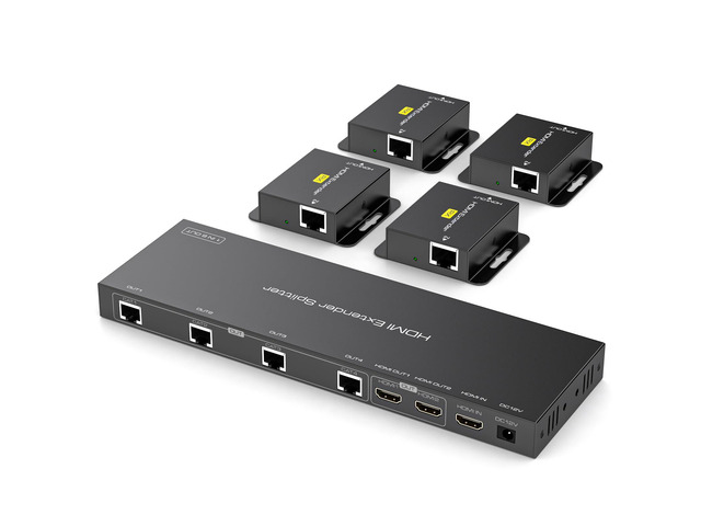 HDMI Extender Splitter 1x4 HDMI Over Ethernet Splitter 1080P Up to 165ft with EDID, POC, 2 HDMI Loop Out Black