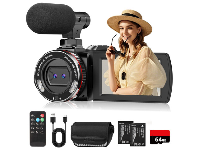 4K 64MP Dual Lens Video Camcorder for Vlogging YouTube, 3.0' Flip Screen Digital Camera Recorder, 18X Digital Zoom Camcorder Kit with External...