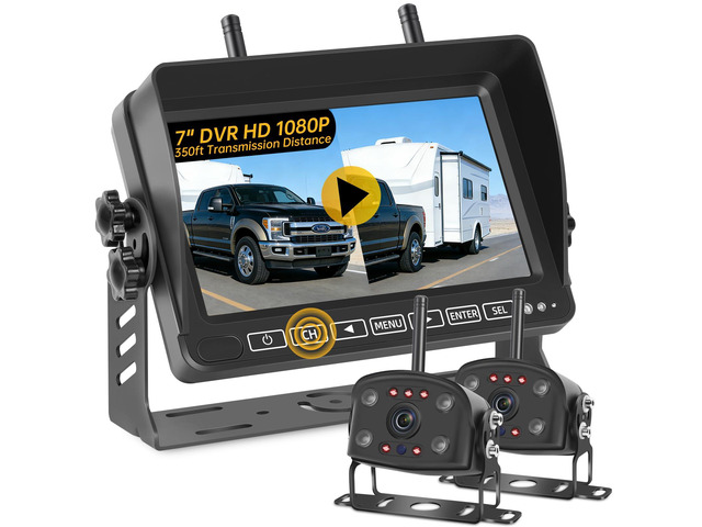 Dual Wireless Backup Camera for RV Truck with 7' 1080P Monitor System 350ft Stable Range, 4CH DVR Loop Recording, Dual Antennas, IP69K...