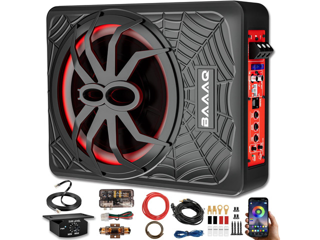 Powered Underseat Subwoofer Amp RGB, fits Car/Truck, 10' 1200W Slim powered sub and amp combo for car or truck. Adjustable bass boost, gain &...