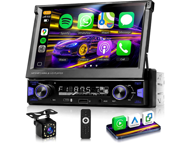7 inch Single Din Touch Screen Car Stereo Flip Out Wireless CarPlay Android Auto, 1 Din Car Radio with Bluetooth with RDS AM FM Radio Car Audio...