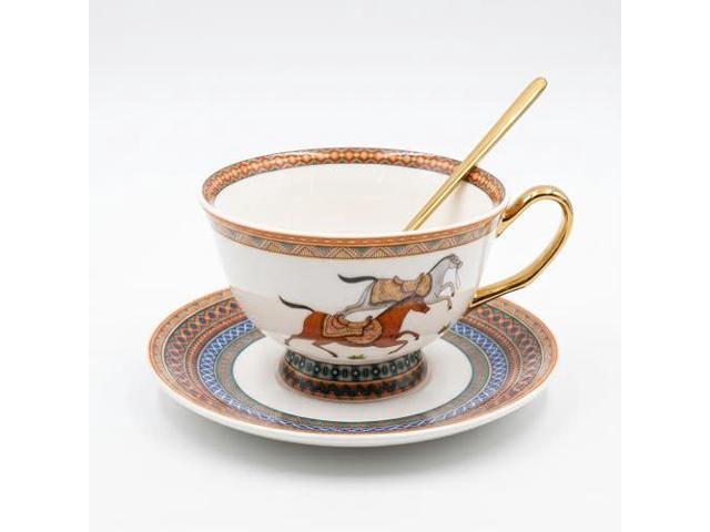 Tea Cup and Saucer Set with Spoon, 7oz Ceramic Coffee Mug with Gold Handle, Ethnic Horse Pattern Teacup in Orange Luxury Gift Box, Elegant Gift for...