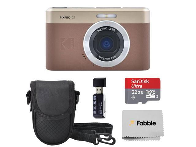 PIXPRO C1 Compact Digital Camera (Brown) Bundle with 32GB microSDHC Card, Protective Camera Case, Hi-Speed USB Card Reader, USB-C Cable, AC.