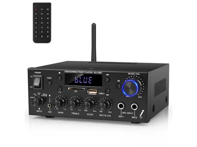 Stereo Audio Amplifier, 2 Channel 500W Bluetooth 5.0 Home Audio Stereo Receiver with FM, Echo, AUX, USB, SD, MIC Inputs, Power Amplifier for.