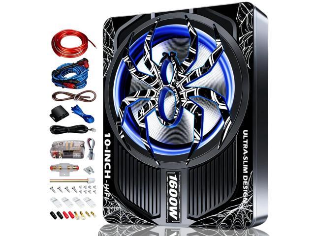 Upgraded 10 Inch 1600W Under Seat Subwoofer with Amp, Powered Slim Sub, Blue LED Ambient Light, (LPF/Gain/Bass Boost) Independent Bass Knob, Car...