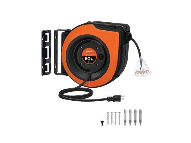 Retractable Cord Reel, 60 FT Heavy Duty Extension Cord, 12AWG/3C SJTOW, 3 Grounded Outlets Lighted Triple Tap, 15A Circuit Breaker, Wall/Ceiling.