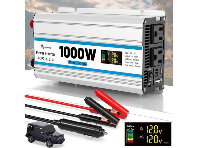1000W Car Inverter 12V to 110V DC to AC Power Inverters for Vehicles with 2 AC Outlets/36W PD USB-C/18W QC USB-A Fast Charging/Cigarette.