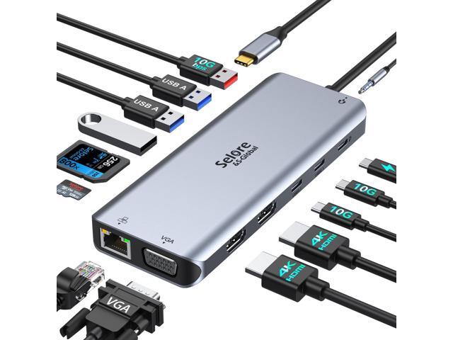 Selore USB C Docking Station Dual Monitor,Laptop Docking Station,14 in 1 Docking Station 3 Monitors with 2 HDMI,VGA,10G USB A/C,100W PD,6 USB A/C.