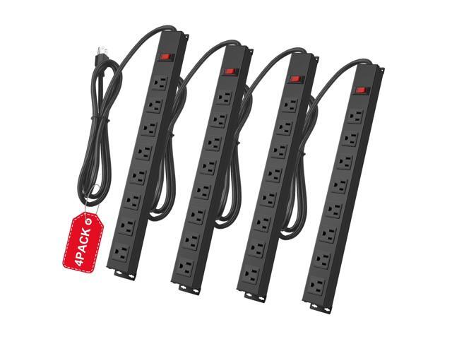 4Pack Metal 8 Outlet Mountable Power Strip, Wall Mount Outlet Heavy Duty, Wide Spaced Commercial Shop Power Strip with Switch, 6 FT Power Cord