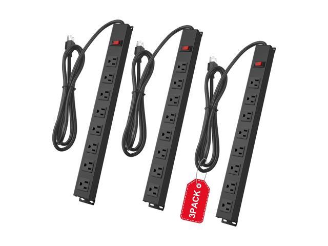 3Pack Metal 8 Outlet Mountable Power Strip, Wall Mount Outlet Heavy Duty, Wide Spaced Commercial Shop Power Strip with Switch, 6 FT Power Cord