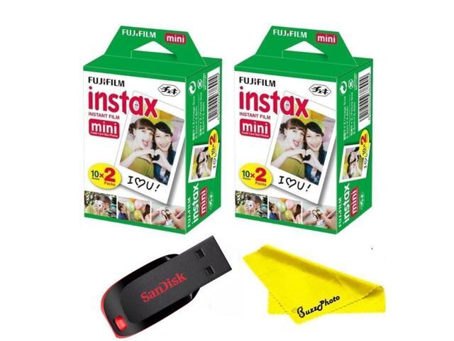 Instax Mini Instant Camera Film with Sandisk 32 GB USB Flash Drive + 2 x Mini Twin Packs (40 Sheets) and Buzz-Photo Microfiber Cleaning Cloth