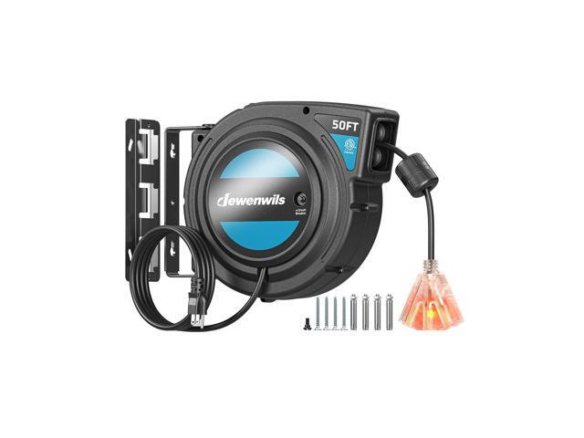 Extension Cord Reel with Twist-lock Stopper, Brighter Triple Tap Outlet Heavy Duty Power Retractable Cord Reel, 180° Swivel Bracket for Ceiling or.