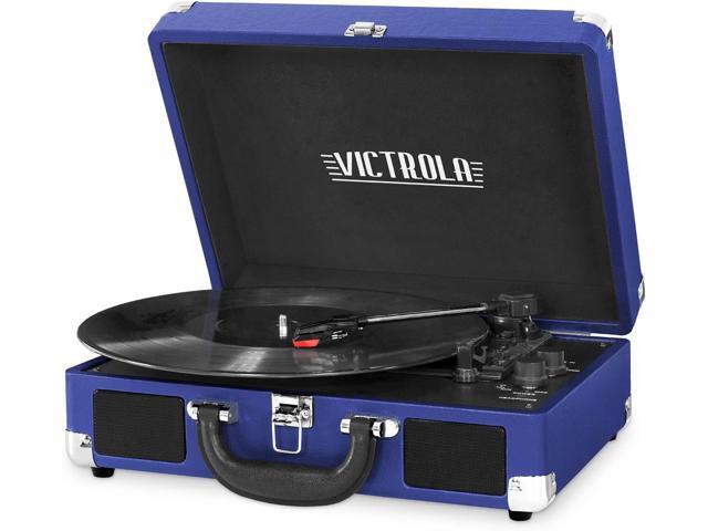 Journey Bluetooth Portable Suitcase Record Player with Built-in Speakers, 3 Speed Vinyl Record Player, RCA Out, Headphone Jack (Cobalt Blue)