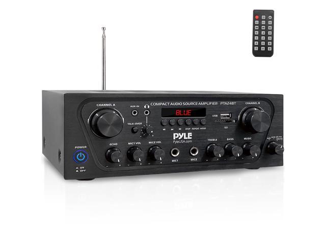 2-Channel Bluetooth Home Stereo Amplifier - 250W Wireless Audio Receiver, Karaoke Optimized: Dual Mic In with Echo, Mic Talk-Over, FM Radio, USB-A.