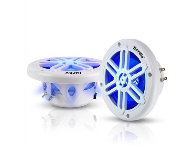 6.5' 350W Marine Speakers - IP66 Waterproof Coaxial Audio, with Blue LED Light for Boats, ATVs, UTVs with UV Resistant White Grille (A Pair)