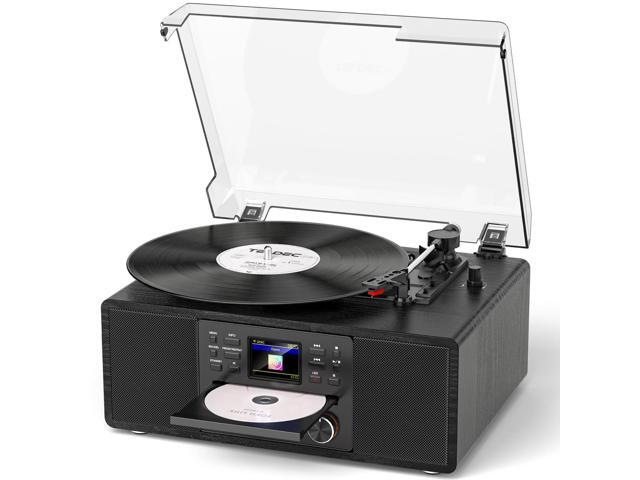Bluetooth Vinyl Record Player with CD & Internet Radio, 3-Speed Belt-Drive Turntable with USB Recording, AUX/RCA Output, Tone & Remote Control,...